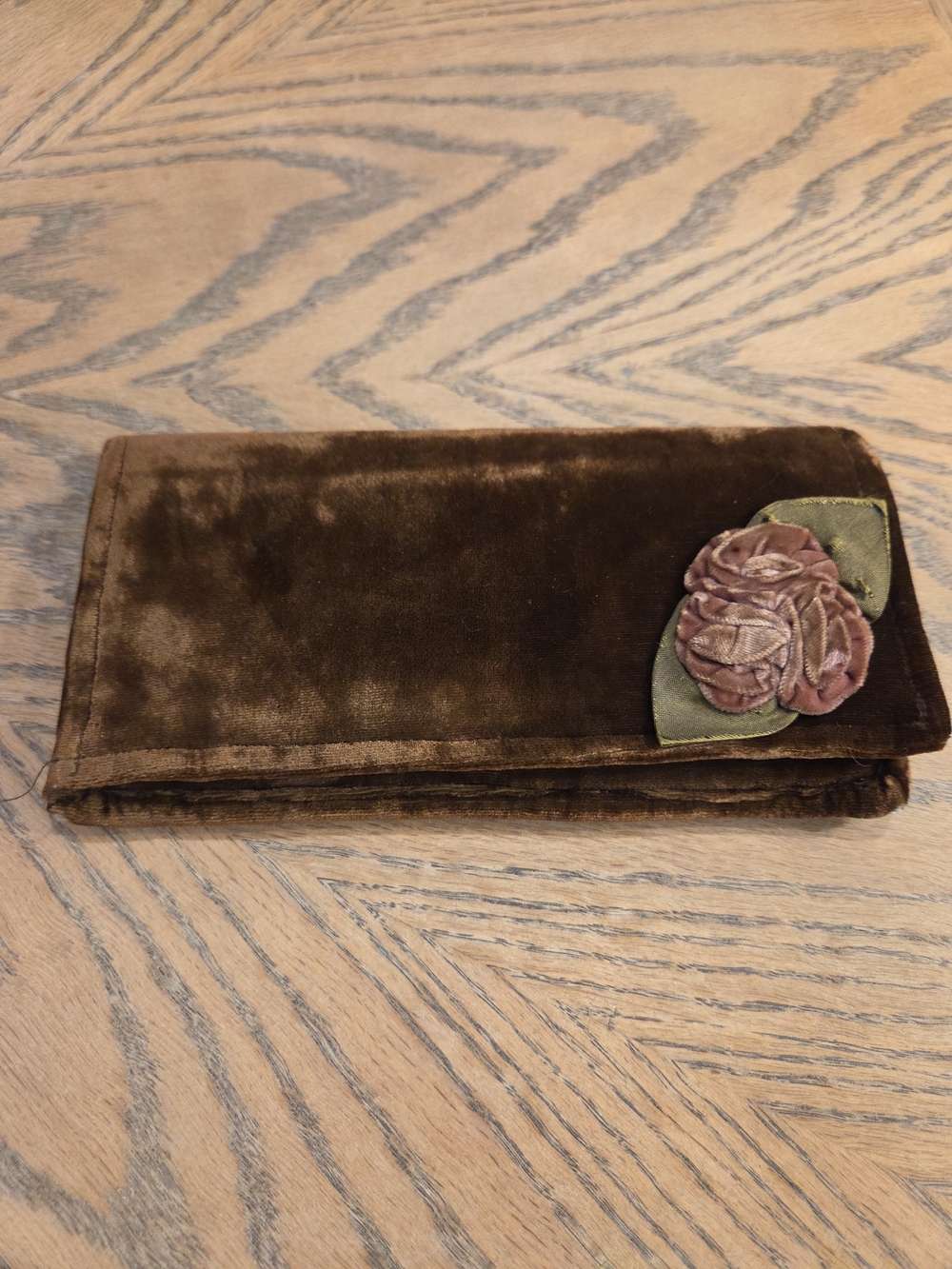 Vintage Brown Velvet Clutch Wallet Womens Medium Rose Applique Coquette